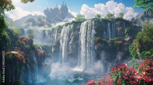 A shimmering waterfall cascades down a terraced cliff surrounded by lush overgrown forests and delicate iridescent flowers. In the . .