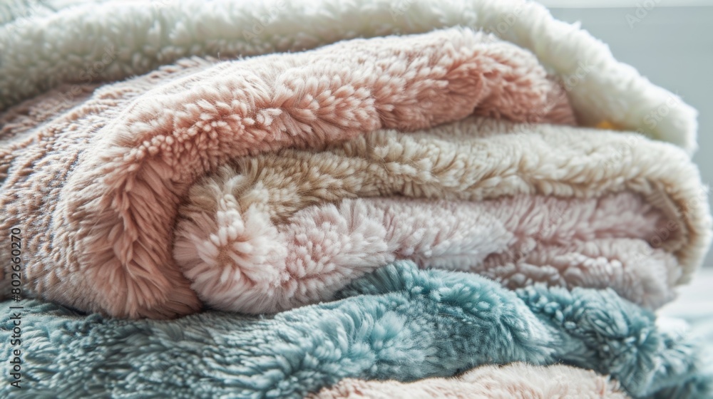 A stack of fuzzy blankets in a range of pastel shades creating a cozy and inviting look.. A stack of fuzzy blankets in a range of pastel shades creating a cozy and inviting look..