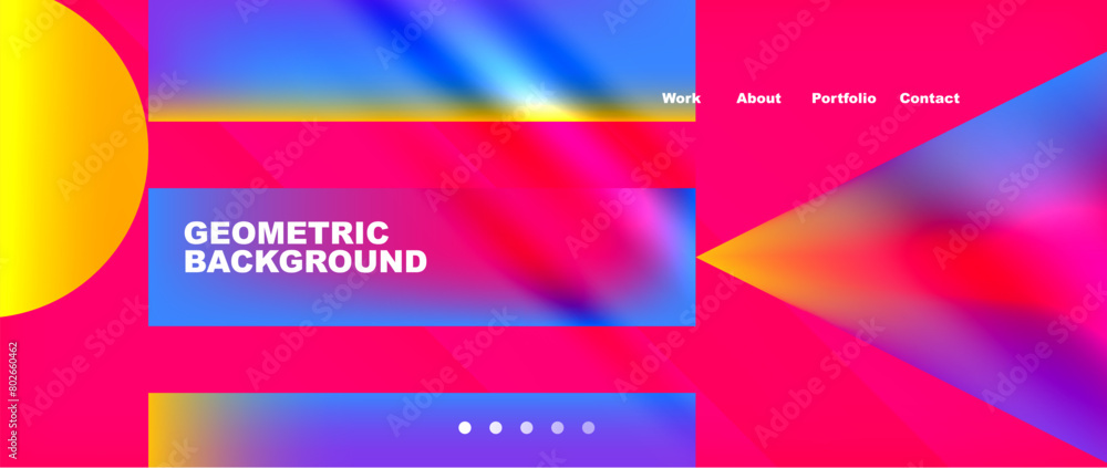 A vibrant geometric background featuring a colorful pattern of electric blue, magenta, violet, and purple rectangles with parallel lines. A bright yellow circle stands out in the middle