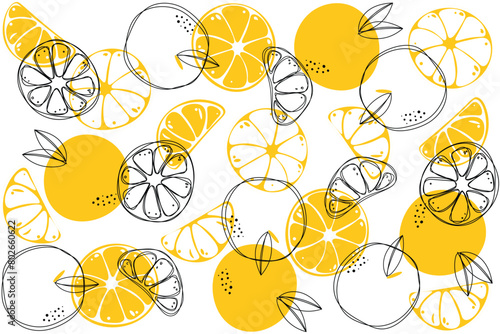 Seamless bright light pattern with Fresh oranges for fabric, drawing labels, print on t-shirt, wallpaper of children's room, fruit background. Slices of orange doodle style cheerful background.