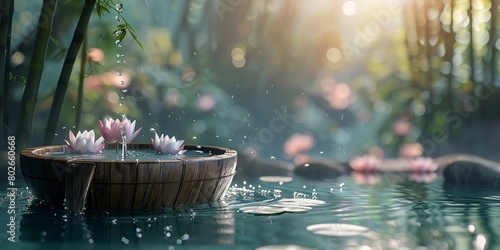 A spa theme with bamboo and water lily on a tub with a great interior and a big space for text or product advertisement background  Generative AI.