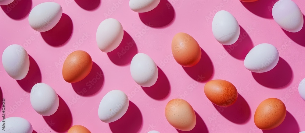 Brown and white eggs are arranged on a pink surface in a studio, as seen from above. Brown and white eggs are arranged on a pink surface in a studio, as seen from above.