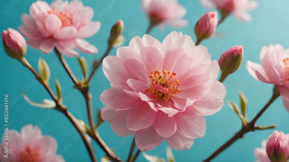 Obraz premium Beautiful spring nature background, lovely blossom, petal a on turquoise blue background , top view, frame. Springtime concept
