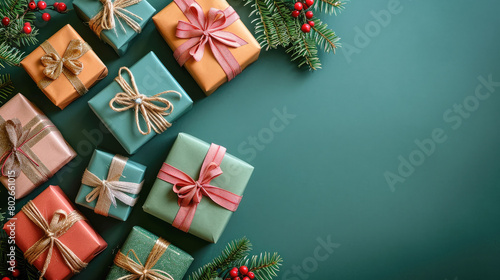 card with random colors gift boxes on background arranged in a flat lay top view and text space