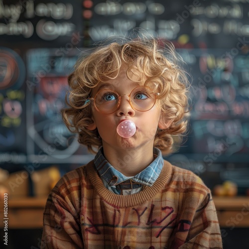 A boy with curly hair blows gum with a straight face against a dim wall, helping the boy to focus better at school for long periods of time.