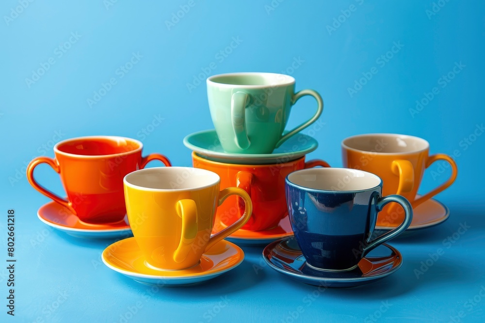 Composition of bright colorful ceramic mugs stacked on round shaped saucer against blue background - generative ai Composition of bright colorful ceramic mugs stacked on round shaped saucer against blue background - generative ai