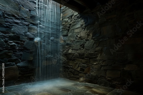 shower stone walls dark color water flows from