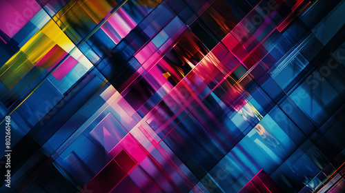 Abstract background with vibrant geometric shapes and stripes, digital art style, dark blue tones.