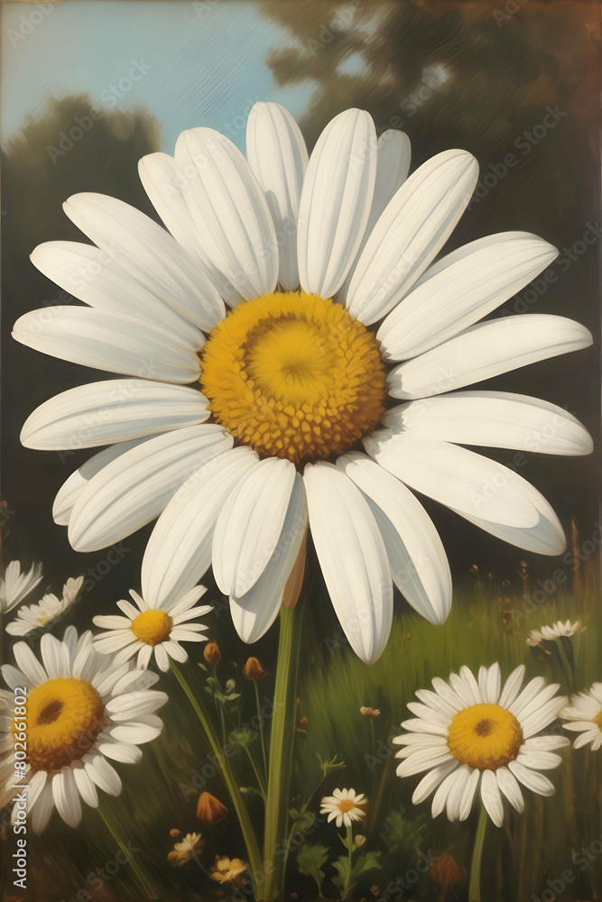Obraz premium Vintage painting art, closeup big daisy in garden, vertical orientation