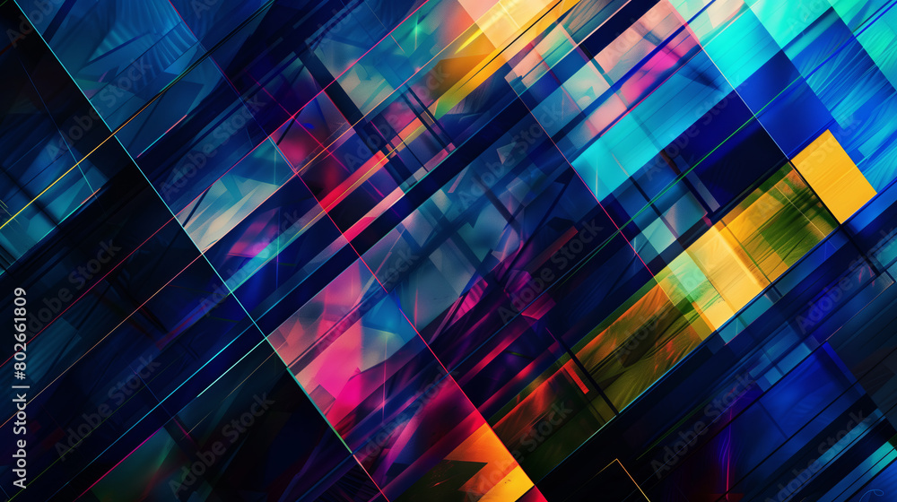 Abstract background with vibrant geometric shapes and stripes, digital art style, dark blue tones.