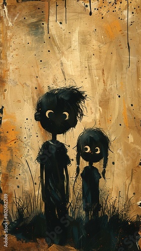 kids style stick drawing scared creepy with dark gloomy atmosphere 