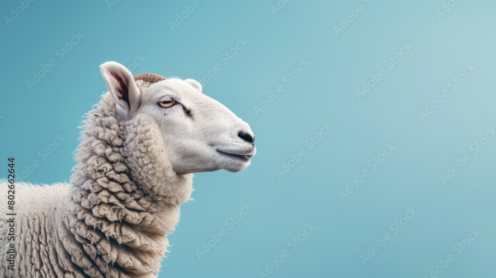a white sheep isolated on blue studio background with space for text a white sheep isolated on blue studio background with space for text