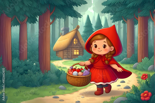 Little Red Riding Hood on her way through the forest.