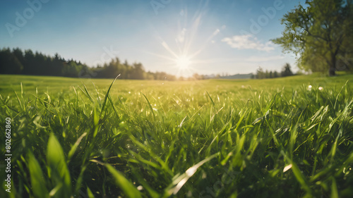 Beautiful sunny spring meadow with green grass and blue sky. Abstract background with light bokeh and space for text