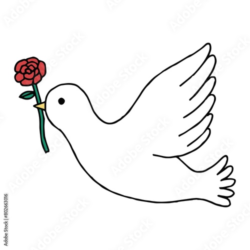 バラをくわえた白い鳥