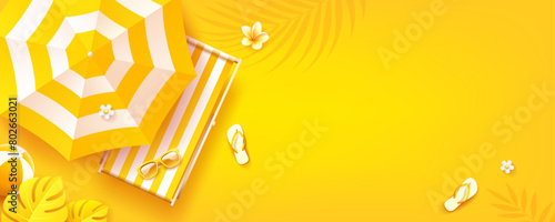 Summer yellow banner, beach umbrella, yellow flower and leaf, sunglasses on the beach bed, yellow flip flops, banner design on yellow background. EPS 10 Vector illustration
