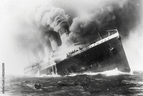 Titanic wreck as a result of a collision with an iceberg in the Atlantic Ocean, white black illustration photo