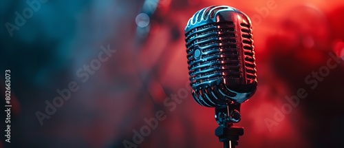 A close shot of a microphone on a stage with a glittering backdrop and a big space for text or product advertisement background, Generative AI.