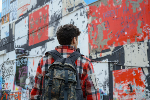 Urban Culture: Create a scene of a young man exploring street art in the city, dressed in urban casual clothing, appreciating the art and the urban culture.