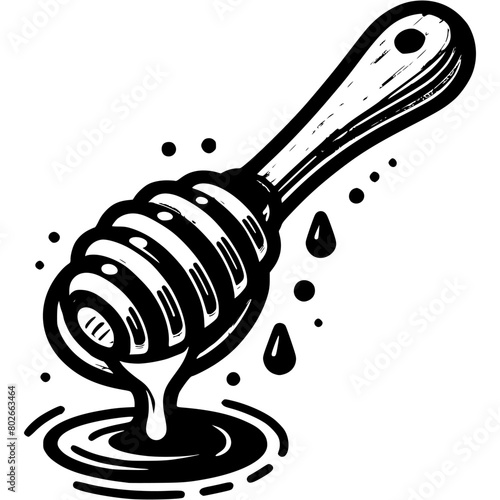 Thick honey dripping down wooden spoon in monochrome. First season honey. Simple minimalistic vector in black ink drawing on transparent background