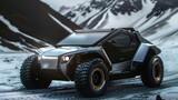 Minimalist forest off-road vehicle with polygonal elements, sharp edges, and professional industrial design lighting