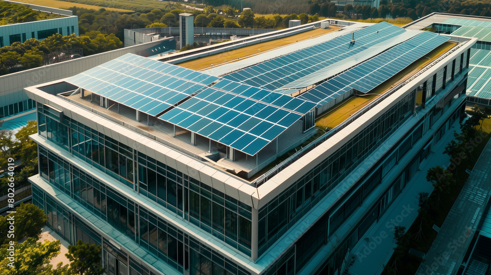 Modern Office Building with Solar Panels on Rooftop, Clear Sky Background, Aerial View, Showcasing Sustainable Energy and Eco-Friendly Design Modern Office Building with Solar Panels on Rooftop, Clear Sky Background, Aerial View, Showcasing Sustainable Energy and Eco-Friendly Design
