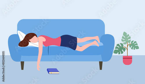 Woman fell asleep on the couch while reading book in flat design.