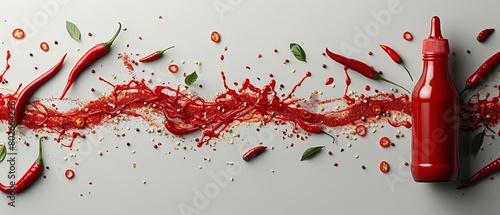 Top view of Sriracha sauce bottle kept on a clean white surface with chilies and sauce in a big space for text or product advertisement background, Generative AI. photo