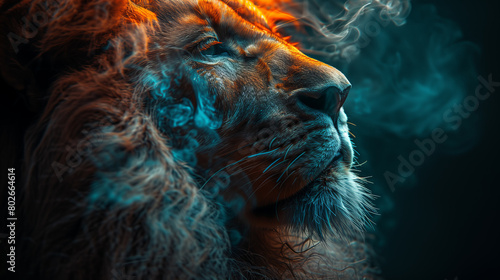 A lion, ideal for dreamscape portraiture with a gigantic scale. Perfect as wallpaper or wall poster background for design.