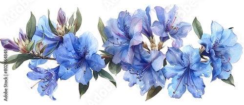 An illustration of cluster of blue azaleas water color art or painting with a big space against a clean white backdrop for text or product advertisement, Generative AI. photo