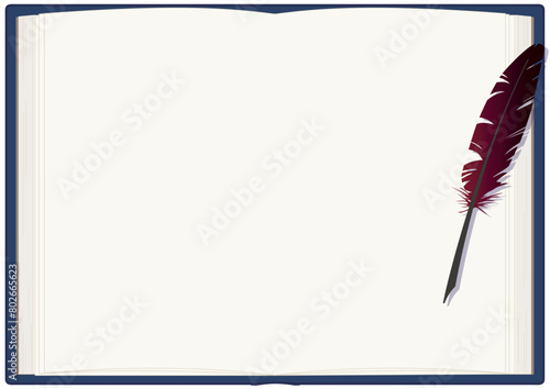 羽根ペンが置かれた本の見開きフレームベクターイラスト（紺）