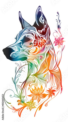 Beautiful dog in profile   side view  colorful swirls with flowers around the body