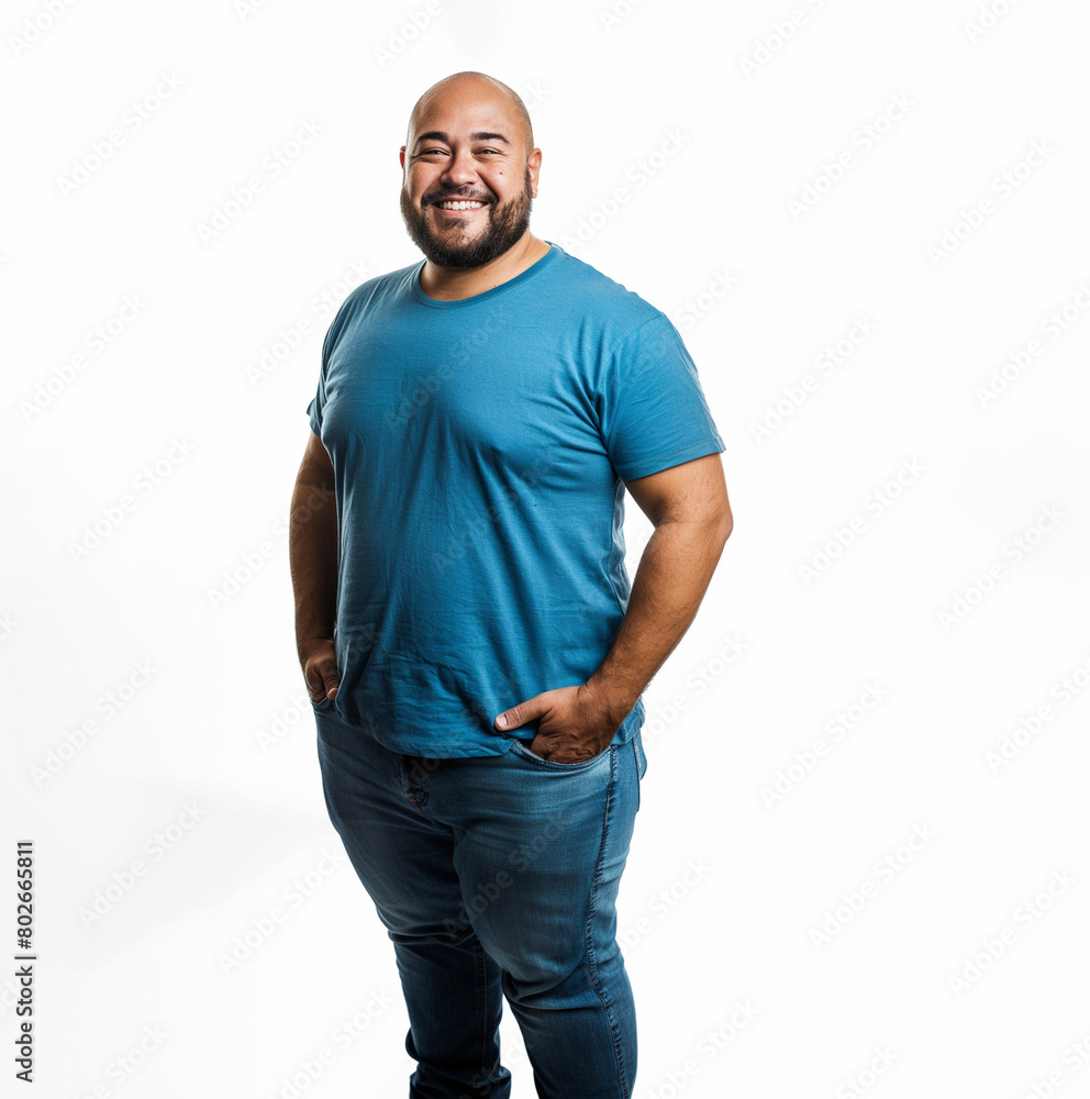 Fototapeta premium 30s plus size latino man, standing and wearing a blue t-shirt, isolated on white 