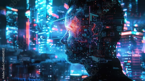 Generate a futuristic illustration featuring an AI human