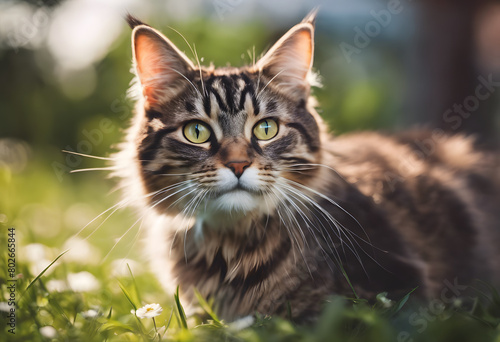 A close-up of a Maine Coon cat with striking green eyes, sitting in a sunlit garden surrounded by small white flowers. International Cat Day. © Tetlak