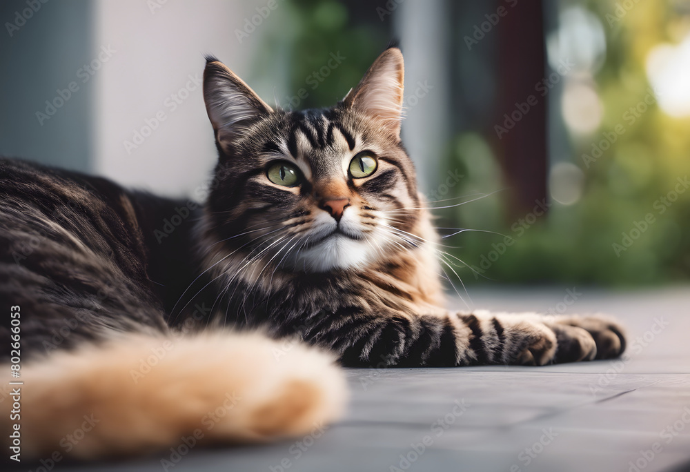 A Maine Coon cat with striking green eyes lying on a patio, surrounded by soft-focus greenery. International Cat Day. A Maine Coon cat with striking green eyes lying on a patio, surrounded by soft-focus greenery. International Cat Day.