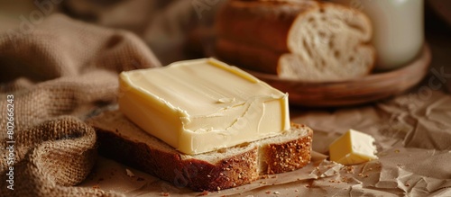 A slice of farm-fresh butter with bread on a traditional background. photo