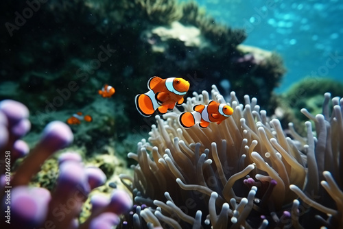 Colorful clownfish and other fish in a coral reef