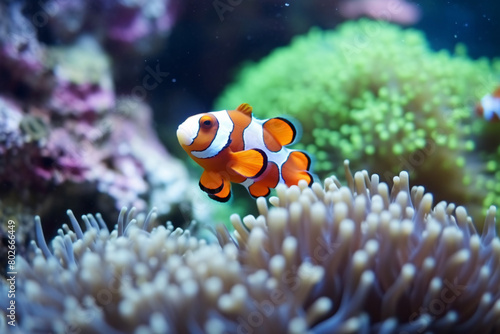 Colorful clownfish living among the orange anemone tentacles on a tropical coral reef