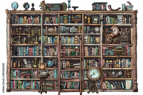 Cartoon cute doodles of a charming steampunk library filled with vintage books and mechanical automata, where characters embark on literary adventures, Generative AI © Starlight