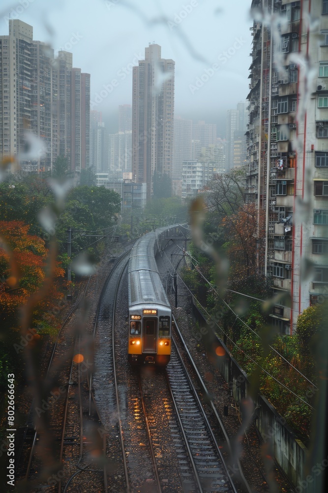 Urban rain: train approaching in misty cityscape Urban rain: train approaching in misty cityscape