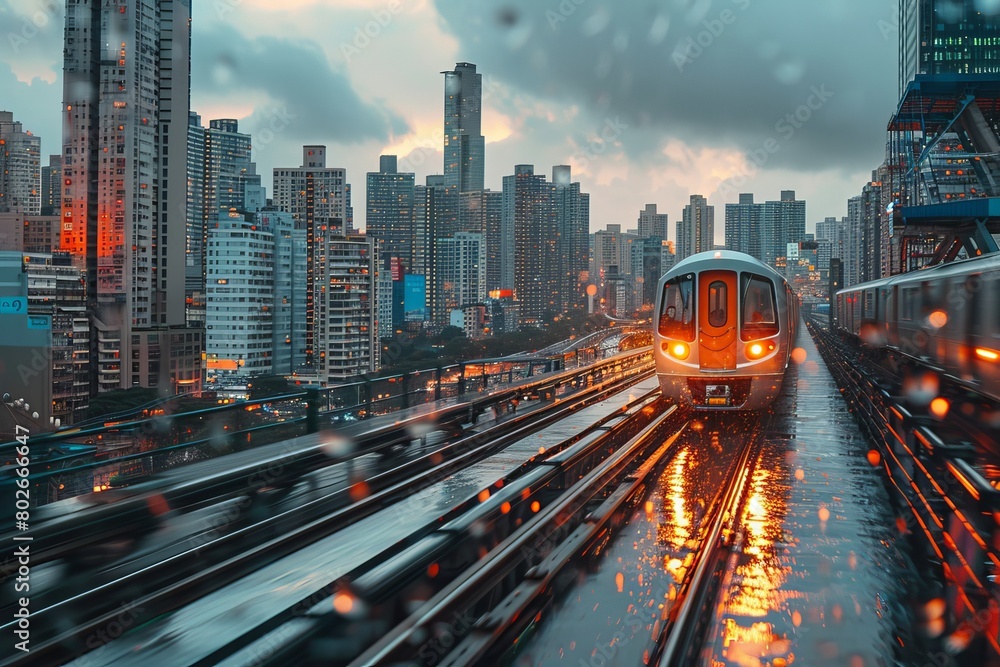 Evening commute in rainy cityscape with train Evening commute in rainy cityscape with train