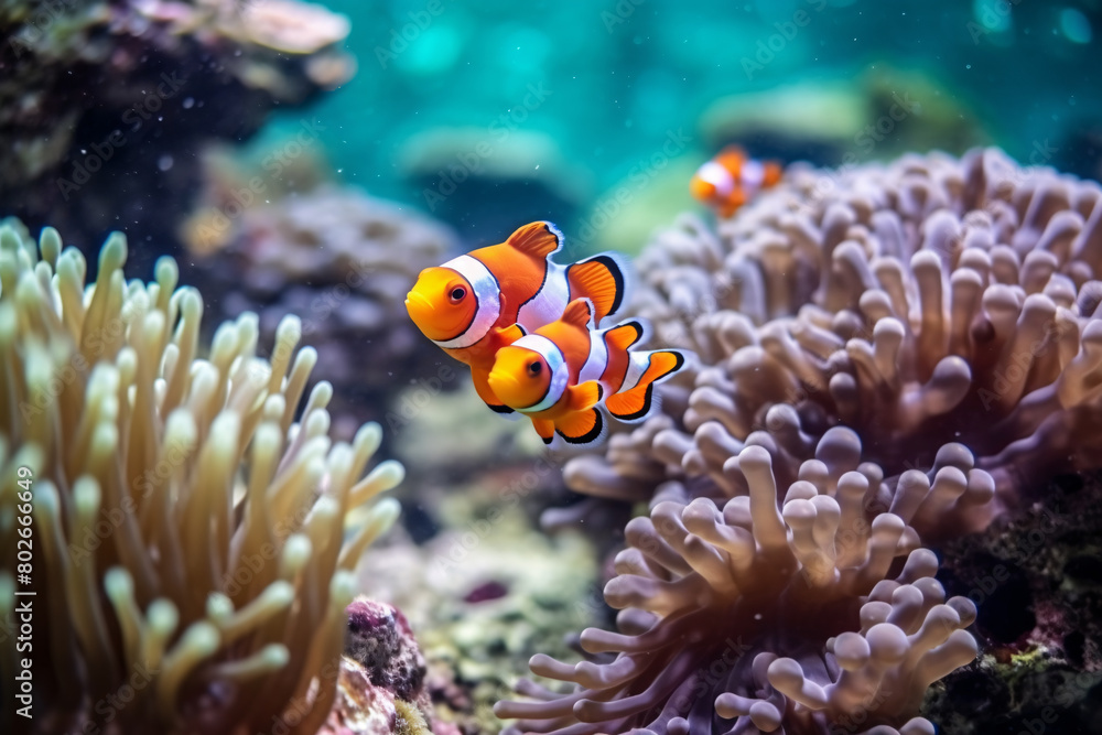 Clownfish swimming in vibrant coral reef and aquarium environments Clownfish swimming in vibrant coral reef and aquarium environments