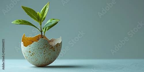 A snapshot of a seedling plant developing from an eggshell with an enticing setting encompassing ecologically sound cultivating seeds and space, Generative AI. photo