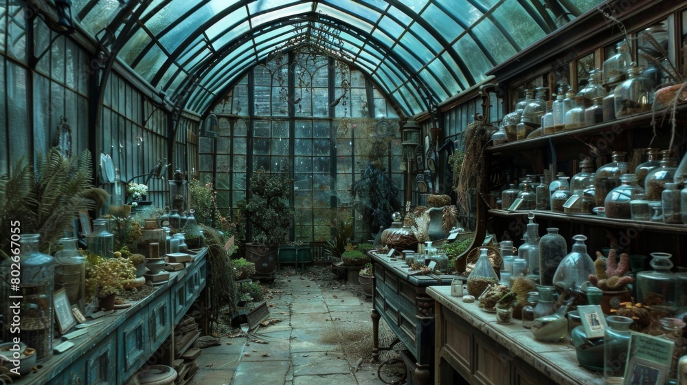 A grand ornate greenhouse stands at the heart of the garden its glass walls filled with a vast array of rare and ancient herbs. Each . . A grand ornate greenhouse stands at the heart of the garden its glass walls filled with a vast array of rare and ancient herbs. Each . .