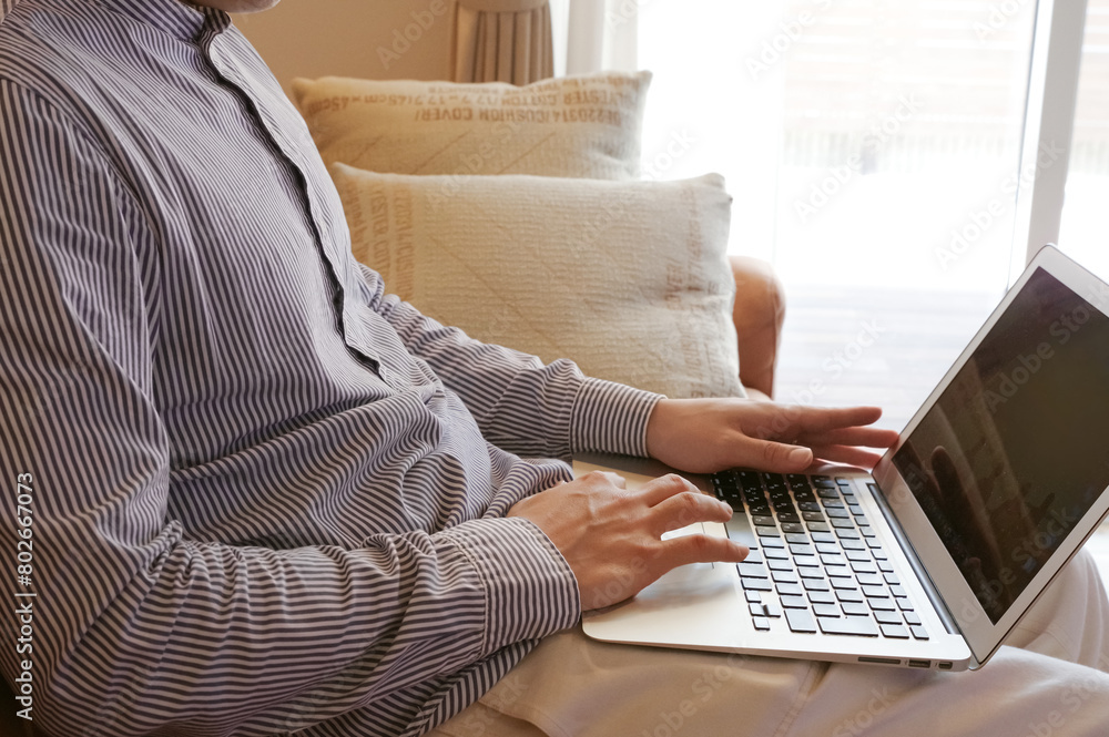 Naklejka premium リビングでパソコンを使っている若い男性