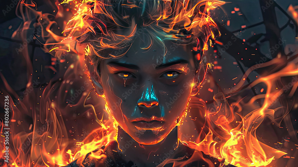 boy in extreme detail with fire all around him and a house burn down. Have him have fire hair and black eye