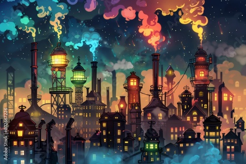 Cartoon cute doodles of a futuristic steampunk city skyline illuminated by glowing steam-powered street lamps and towering smokestacks emitting plumes, Generative AI