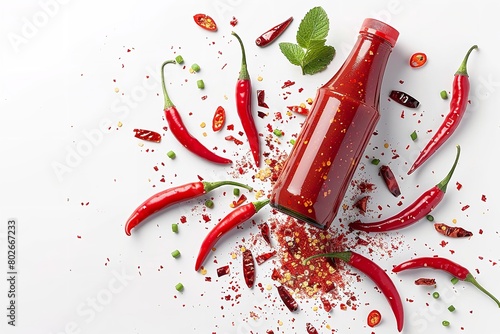 Top view of Sriracha sauce bottle kept on a clean white surface with chilies and sauce in a big space for text or product advertisement background, Generative AI. photo