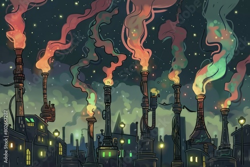 Cartoon cute doodles of a futuristic steampunk city skyline illuminated by glowing steam-powered street lamps and towering smokestacks emitting plumes, Generative AI